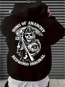 Sudadera con capucha de peso pesado de 360G para hombres: estampado gráfico de hijos de la anarquía, Jersey informal holgado con bolsillo de canguro y capucha con cordón, ropa de calle lavable a máquina para todas las estaciones - Negro - Ver 1