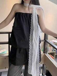 1pc White Polka Dot Lace Long Tie Neck Jewelry Summer With Thin Narrow Hairband Vintage Lace Lace Polka Dot Long Silk Scarf Women Spring Summer Fashionable Tie Decorative Neck Neck Scarf Fluttering Tape For Dress - White - View 2