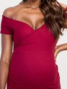 Maternity V-Neck Solid Knit Formal Dress, Suitable For Evening Party, Wedding, Photo Shoot, Spring/Summer - Red - View 4