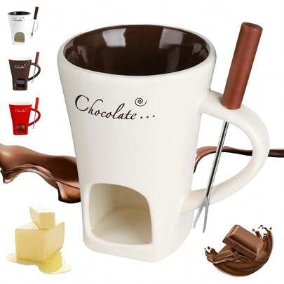 Taza para Fondue de Chocolate con Tenedores,Taza para Derretir Chocolate,Juego de Calentadores de Mantequilla de Cerámica,Taza para Derretir Queso,Fondue Calentada con una Velita (Beige)