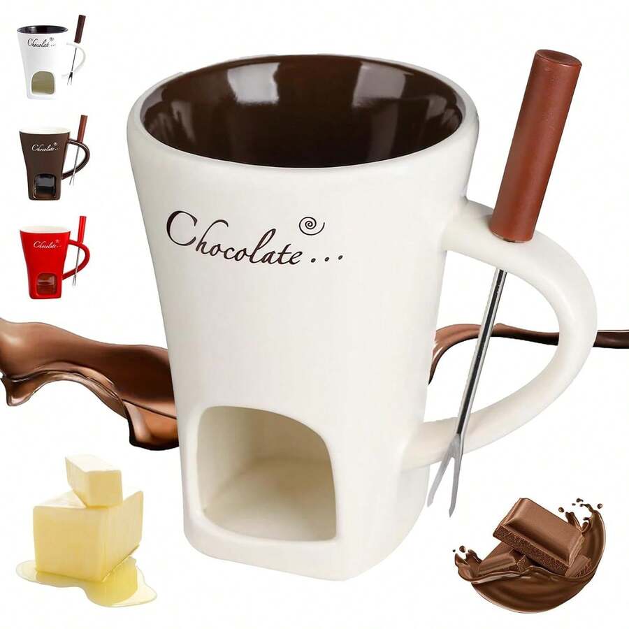 Taza para Fondue de Chocolate con Tenedores,Taza para Derretir Chocolate,Juego de Calentadores de Mantequilla de Cerámica,Taza para Derretir Queso,Fondue Calentada con una Velita (Beige) - Café + Vela - Ver 1