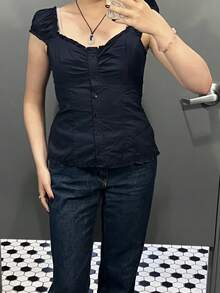 Women's Button Down Lace Top V Neck Ruffled Sexy Low Cut Babydoll Top Cute Slim Fit Casual Work Blouse - 藏青色 - 查看 1