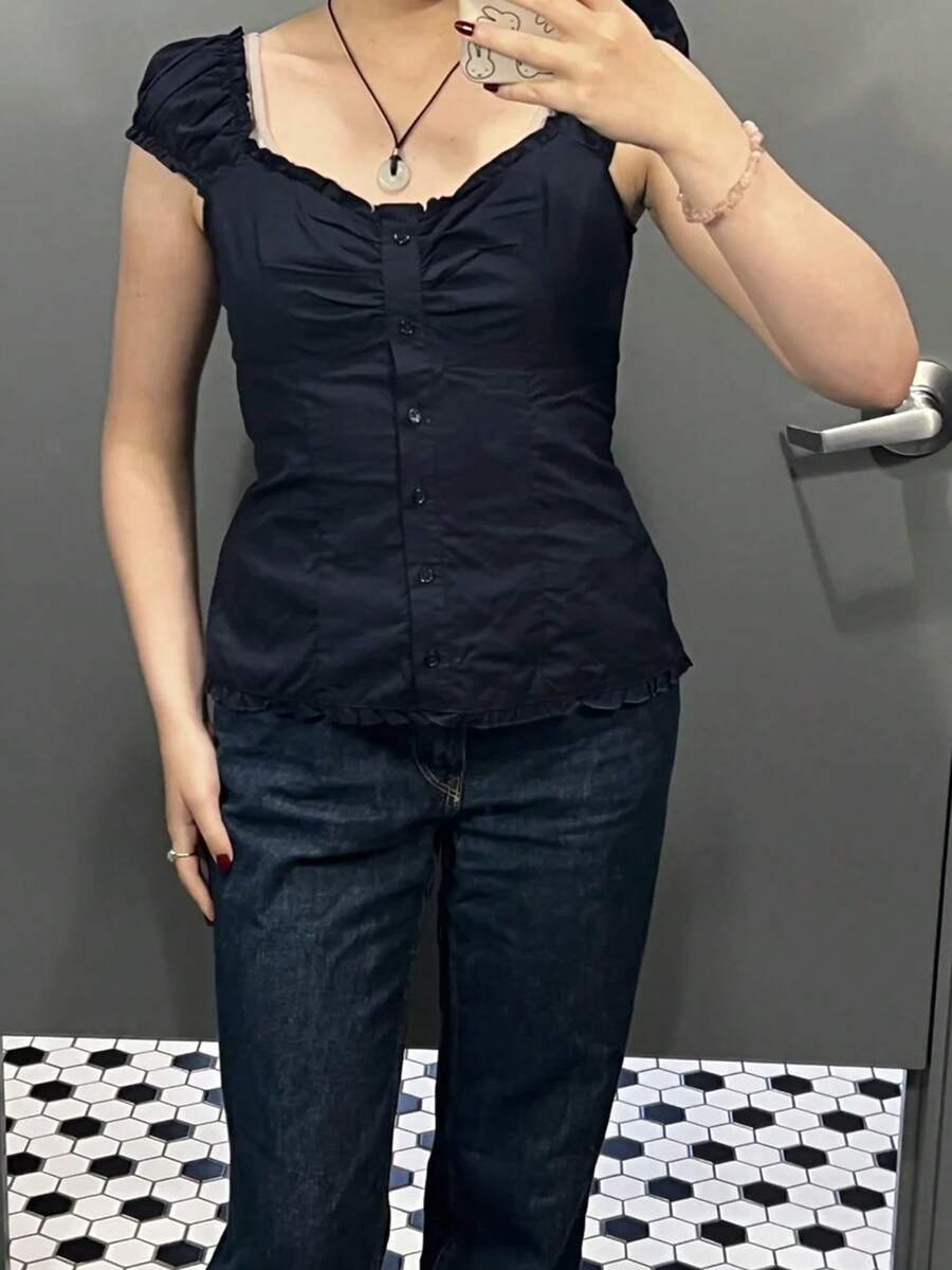 Women's Button Down Lace Top V Neck Ruffled Sexy Low Cut Babydoll Top Cute Slim Fit Casual Work Blouse - 藏青色 - 查看 1