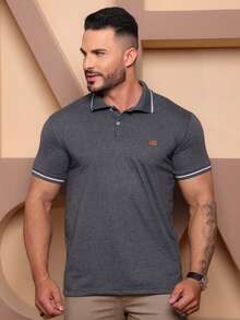 Classic Men's Cotton Polo Shirt, Short Sleeves, With White Details, Regular Fit, Non-Stretch Fabric For Everyday Wear. - 鉛灰色 - 查看 2