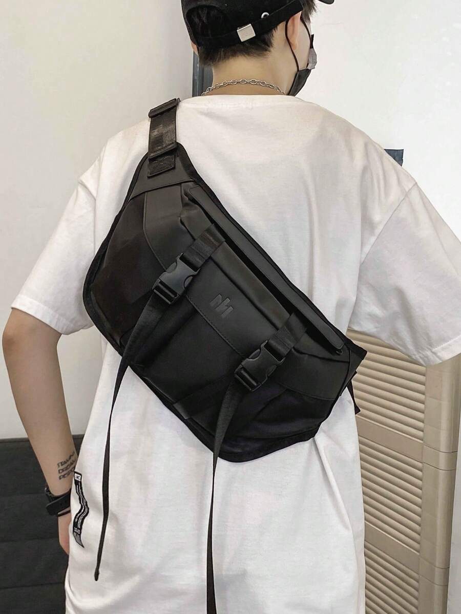 1个男士黑色功能性胸包，时尚大容量街头风斜挎包，多口袋设计，适合通勤 - 黑色 - 查看 1