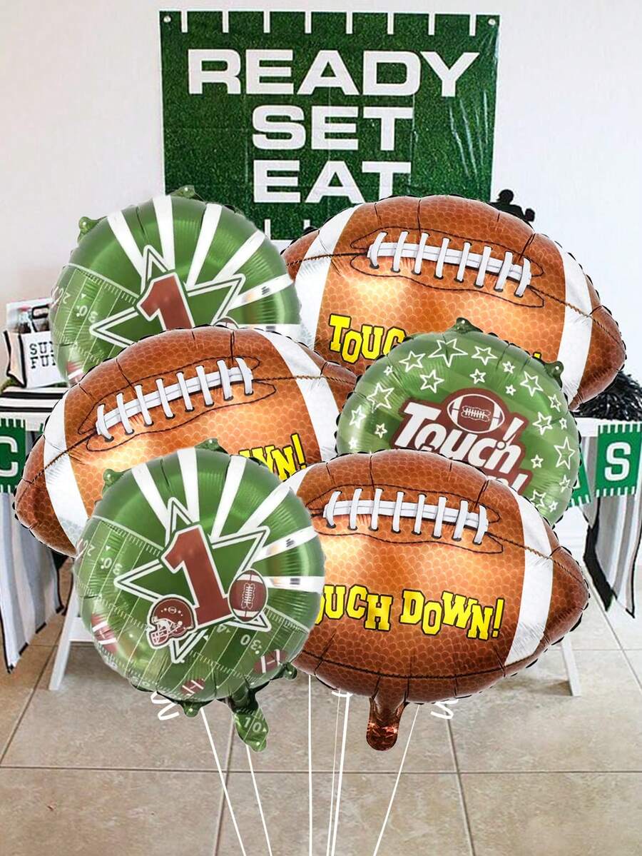 6pcs/Set Rugby Ball Balloon Set, Includes Rugby Foil Balloons, Round Rugby Balloons, Suitable For Sports Games, Birthday Party Decorations, Rugby Theme Parties, Home Decor, Sports Theme Parties, Celebration Parties, Indoor And Outdoor Decorations