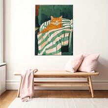 Póster de lienzo enmarcado de madera, gato naranja feliz acostado en una silla, envuelto en arte de rayas verdes, perfecto para la decoración de oficinas, pasillos y salas de estar. - Multicolor - Ver 6