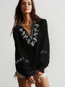 Rusttydustty Áo kiểu Boho thêu tua rua, áo kiểu nông dân cổ chữ V bằng vải lanh đen, trang phục đi biển, lễ hội âm nhạc, kỳ nghỉ nhiệt đới - màu đen - Xem 6