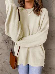 Women's Casual Crew Neck Pullover Solid Color Drop Shoulder Patch Pocket Sweater - Beige - View 3
