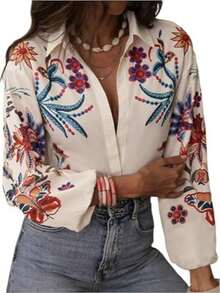 Spring And Summer New Women's Clothing Tops, Floral Print Single-Button Versatile Slimming And Fashionable Shirts, Lapel Long-Sleeved Shirts - White - View 2