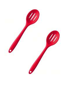 1/2/5 piezas Cucharones de cocina completos de silicona, utensilios de cocina de silicona, cucharas para sopa, cucharas para ensalada, resistentes al calor, juego de cucharas para cocinar y hornear, para cocinar, revolver, comer, coladores rojos grandes y pequeños, artículos escolares - Rojo - Ver 12