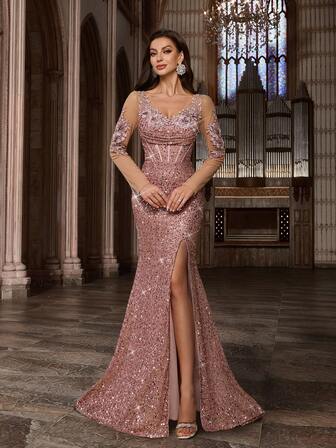 Elegant Women Sequin Party Evening Gown Appliques Spring Summer Formal Dress For High Society Dinners, Birthday Party, Charity Prom,Anniversary Celebration Solid Color V-Neck Long Sleeve High Slit Long Gowns