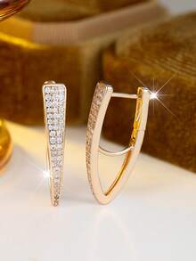 1 Đôi bông tai nữ mạ vàng hình chữ V đính đá Cubic Zirconia trắng sáng - Quà tặng sang trọng cho ngày lễ tình nhân, thích hợp cho tiệc tùng, đeo hàng ngày và làm quà tặng, phù hợp cho mọi mùa - vàng - Xem 5