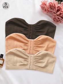3pcs/Set Multi-Color Front Closure Bras, Strapless Seamless Bralettes, Wireless & Single Layer Bandeau Tube Tops - Multicolor - View 10