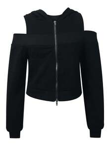 韩版露肩拉链连帽卫衣，宽松显瘦休闲百搭外套，秋冬款 - 黑色 - 查看 3