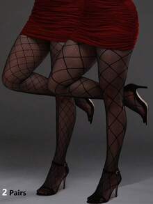 2条装加大码高弹格子网眼打底裤，哥特风万圣节紧身裤，女士性感黑色网眼丝袜，Y2K时尚 - 黑色 - 查看 2