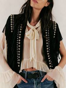 Women Tassel Vest Y2K Sleeveless Fringe Wide Eyes Suede Collar Shawl Open Front Boho Western Jacket Cardigan - màu đen - Xem 2