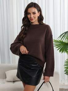 Women's Fashionable Long Sleeve Knitted Base Layer Sweater, Soft & Loose, Autumn/Winter New Arrival - Coffee Brown - View 3