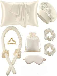 12pcs Sleep Hair Styling Tools Set, Curler 1pc Silk Pillowcase For Hair And Skin Queen Set, Silk Heatless Curling Set, Overnight Curling Iron, 1pc Sleep Soft Eye Mask, 1pc Sleep Silk Nightcap, Sleep Essential Set10pcs Sleep Hair Styling Tools Set