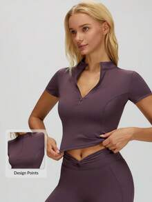 MASKERT 女士半开襟V领短袖运动上衣，修身短款，亲肤舒适，适合瑜伽和健身运动。 - 紫色 - 查看 1
