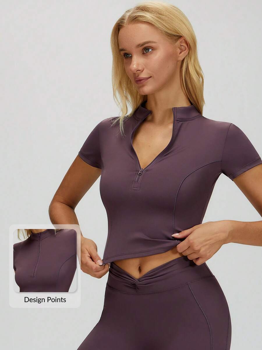 MASKERT 女士半开襟V领短袖运动上衣，修身短款，亲肤舒适，适合瑜伽和健身运动。 - 紫色 - 查看 1