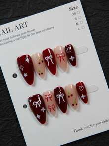 10 Peças Adesivos de Unhas em Formato de Amêndoa Feitos à Mão com Desenhos de Cereja, Estrela de Cinco Pontas, Flor de Cerejeira, Laço, Decoração Bonita para Festas, Casamentos, Uso Diário, Inclui Ferramentas de Manicure, Ótimo Presente para Mulheres e Meninas