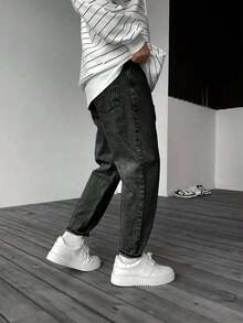 Vaqueros lisos informales para hombre con diseño de pierna cónica.(Las tallas son pequeñas; recomendamos pedir una o dos tallas más grandes). - Negro - Ver 2