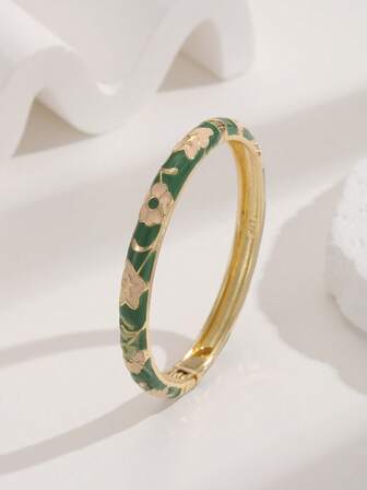 1 pieza Brazalete de joyería de estilo vintage con baño de oro, patrón de flor y estrella de esmalte cloisonné para mujeres y niñas