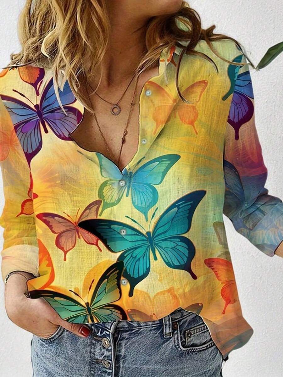 Women's Shirt, Fashionable Casual Butterfly Printed Shirt Top - Multicolor - View 1