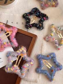 2pcs/6pcs Y2K Star Hair Clips, Colorful Fuzzy Wool Knitted Five-Pointed Star Hair Clips For Women & Girls, Cute Side Bangs Clips, Multi-Functional Hair Accessories, Winter, Claw Clips, Hair Slide, Hair Barrettes, Head Accessories - Multicolor - View 2