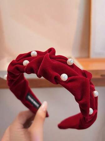 1pc Fashion Fall Decor Flocked Pearl Pleated Headband, Versatile Wide-Brimmed Hair Accessory, Autumn/Winter, Hair Band, Hair Hoop