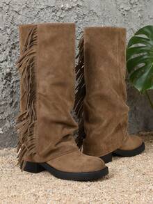 Slouchy Fringe Western Cowboy Boots For Women, Knee High Low Heel Cowgirl Boots, Suede Boots For City Walk, Music Festival & Country Concert - màu nâu - Xem 9