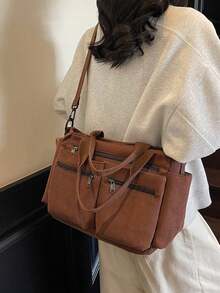 Fashionable Minimalist Large Capacity Multi-Pocket Shoulder Tote Bag, Crossbody Bag, Briefcase, Suitable For School, Work, Travel, Business Trip - Brown - View 8