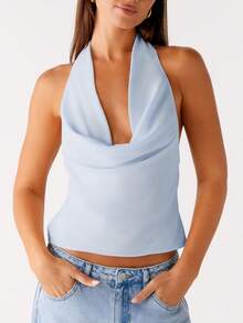 Tank Top For Women Summer Halter Tops Deep V-Neck Pleated Sleeveless Cami Shirts Party Night Streetwear - 藍色 - 查看 3