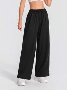 1件装女士休闲纯色抽绳运动裤，柔软宽松瑜伽裤，适合健身和户外活动 - 黑色 - 查看 8