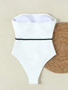 Cream White Bandeau One-Piece Swimsuit With Tie Waist, Sexy Holiday Swimwear - White - View 4