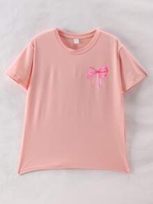 Bộ 2 món cho bé gái tuổi teen, gồm áo thun ngắn tay in nơ và quần ống loe, thích hợp cho mùa xuân/hè. - Hồng - Xem 2
