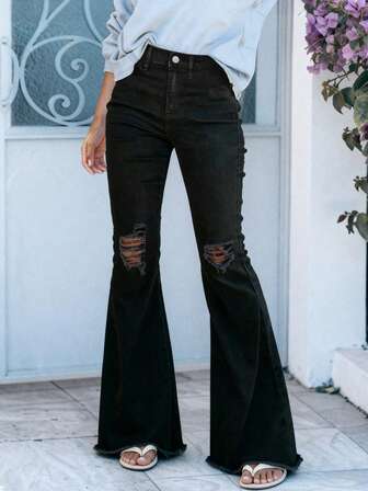 Jeans de talle alto para mujer con efecto desgastado y acampanado, de corte skinny y elástico