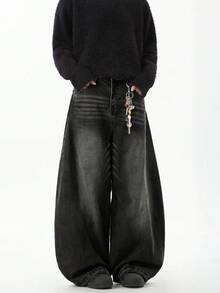 1 pieza Jeans de pierna ancha y corte holgado con lavado vintage de la marca Justice, con estilo estadounidense de moda y versátil - Negro - Ver 4