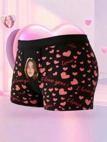 1pc Customized Photo & "I Love You" Heart Print Black Elastic Fabric Comfortable Fitted Romantic Personalized Briefs, Valentine's Day Gift - Multicolor - View 5
