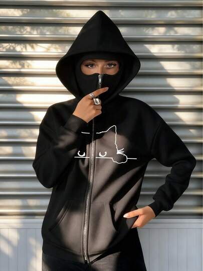 Sudadera con capucha de doble capucha, con cremallera y bolsillo, de forro polar y calidez, con estampado de gato, para invierno/otoño/primavera, para vacaciones/escuela/hogar/diario/calle, simple/Y2K/casual/preppy/calle/oficina/chica cool, Navidad/Día de San Valentín/Día de Acción de Gracias/Año Nuevo, ropa de otoño para mujer, ropa de invierno para mujer, atuendo de invierno para mujer, atuendo navideño para mujer, ropa de Año Nuevo para mujer, sudaderas para mujer