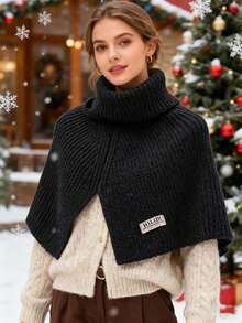 一件纯色针织女士披肩围巾，高领不规则套头毛衣斗篷披肩，冬季保暖，为肩颈提供温暖，防寒披肩，礼品之选。 - 款式1 - 查看 2