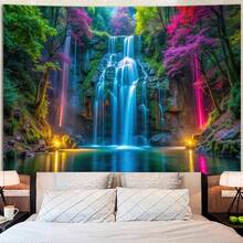 Blacklight Waterfall Tapestry - Reactive Glow In Dark Neon Forest Wall Hanging, Vibrant Nature Landscape Wonderland Bedroom, Living Room Decor - 51.2 Inchx 59.1 Inch - 瀑布式 + 59.1吋長 x 51.2吋寬 - 查看 5
