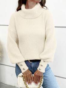 Women's Loose High Neck Sweater, Casual & Formal Ribbed Knit Button Up Long Sleeve Pullover - Apricot - View 5