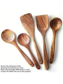 5pcs A Set Wooden Pattern Cooking Spoon & Ladle, Boho Osier Cooking Tool Set For Kitchen, Cooking Utensils - Natural Wood Color - View 3