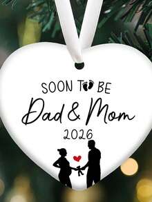 2026 Décoration d'annonce - Souvenir de grossesse avec silhouette de couple et "Papa et Maman en attente" Nom/Année, Ornement d'arbre de Noël en forme de cœur, Convient pour les parents en attente, Cadeau de baptême (Aucune électricité requise) - Noir et Blanc - Voir 1