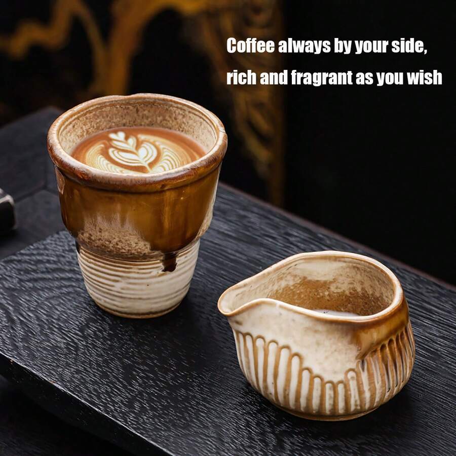 Conjunto de 1 xícara para latte art, jarra de leite de cerâmica, jarra de leite estilo cafeteria, mini cremeira, pote para mel, xícara para molho. - Castanho - Ver 1