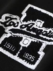 Vintage American Style Embroidered Baseball Jacket For Men, Autumn/Winter Black Patchwork Faux Leather Sleeve Loose Streetwear Letter & Star Print Bomber Coat - Black - View 5