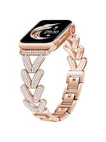4pcs Minimalist Elegant Wheat Ear Rhinestone Metal Bands Compatible With Apple Watch Series 38/40/41mm, 42/44/45/46/49mm - Rose Gold - View 7