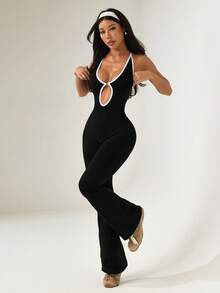 Women's Seamless Contrast Color Knot Detail Sports Jumpsuit - Black - View 5